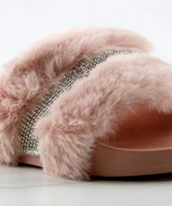 Top Moda Cab 36 Womens Faux Fur Slides With Rhinestone Band Women's