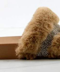 Top Moda Cab 36 Womens Faux Fur Slides With Rhinestone Band Women's