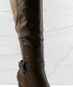 Top Moda Chapo 1 Womens Knee High Buckle Accent Zipper Closure Almond Toe Block Heeled Boots Women's