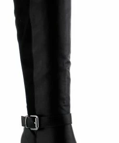 Top Moda Chapo 1 Womens Knee High Buckle Accent Zipper Closure Almond Toe Block Heeled Boots Women's