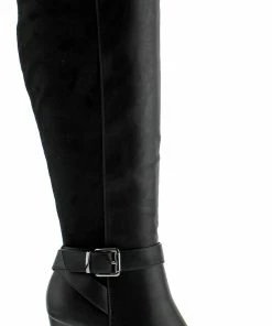 Top Moda Chapo 1 Womens Knee High Buckle Accent Zipper Closure Almond Toe Block Heeled Boots Women's