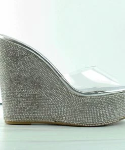 Bamboo Chosen 34 Womens Clear Strap Rhinestone Wedge Mules Women's
