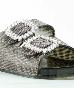 Forever Glitz 80 Womens Gem Embellished Double Buckle Slides Women's
