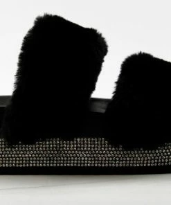 Top Moda Women's Kristen 11 Womens Double Faux Fur Band Platform Slides With Rhinestone Embellishment