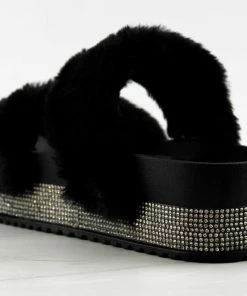 Top Moda Women's Kristen 11 Womens Double Faux Fur Band Platform Slides With Rhinestone Embellishment