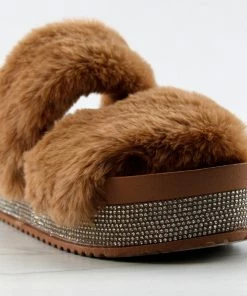 SHOE BARGAIN Shop 46 Top Moda Women's Kristen 11 Womens Double Faux Fur Band Platform Slides With Rhinestone Embellishment