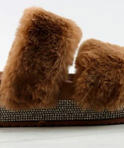 Top Moda Women's Kristen 11 Womens Double Faux Fur Band Platform Slides With Rhinestone Embellishment