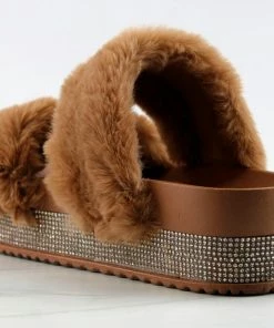 Top Moda Women's Kristen 11 Womens Double Faux Fur Band Platform Slides With Rhinestone Embellishment
