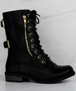 Forever Mango 71 Womens Double Buckle/Zipper Embellished Lace Up Combat Boots Women's