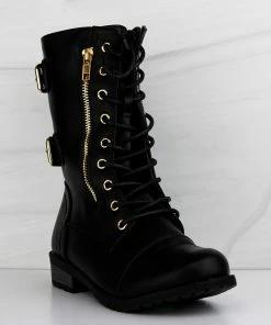 Forever Mango 71 Womens Double Buckle/Zipper Embellished Lace Up Combat Boots Women's