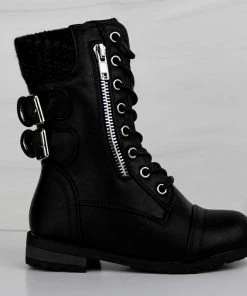 Forever Mango 72K Little Girls Double Buckle Embellished Sweater Cuff Lace Up Combat Boots