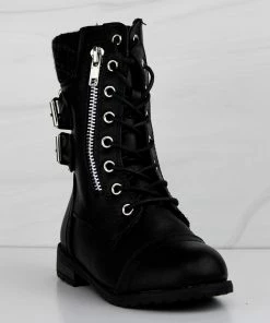 Forever Mango 72K Little Girls Double Buckle Embellished Sweater Cuff Lace Up Combat Boots