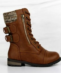 Forever Mango 72K Little Girls Double Buckle Embellished Sweater Cuff Lace Up Combat Boots