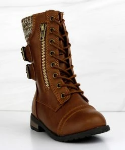 Forever Mango 72K Little Girls Double Buckle Embellished Sweater Cuff Lace Up Combat Boots