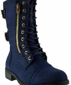 Forever Mango 71 Womens Double Buckle/Zipper Embellished Lace Up Combat Boots Women's