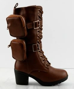 Link Pacific-34k Little Girls Pouch Accent Knee High Tie Up Boots Combat Boots