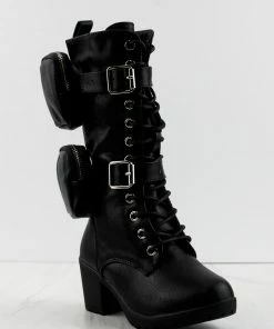 Link Pacific-34k Little Girls Pouch Accent Knee High Tie Up Boots Combat Boots