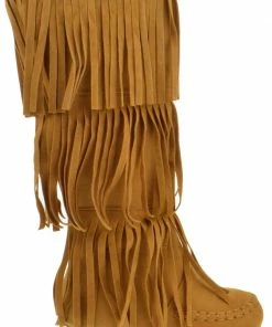 QQ Girls Girl's Snowball 53 Girls Knee High 3 Tier Fringe Wedged Moccasin Boots