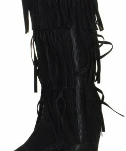 QQ Girls Girl's Snowball 53 Girls Knee High 3 Tier Fringe Wedged Moccasin Boots