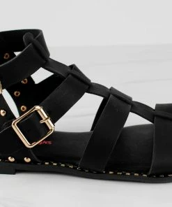 SHOE BARGAIN WAREHOUSE (WWW.SBWSHOES.COM) Minimal 58 Womens Open Toe Dual Buckle Studded Flat Caged Gladiator Sandals Women's