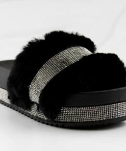 Bamboo Nighttime 02 Womens One Band Platform Fur Slides With Rhinestone Embellishment
