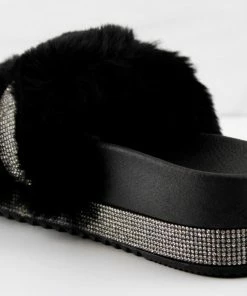 Bamboo Nighttime 02 Womens One Band Platform Fur Slides With Rhinestone Embellishment