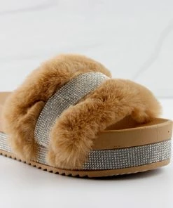 Bamboo Nighttime 02 Womens One Band Platform Fur Slides With Rhinestone Embellishment