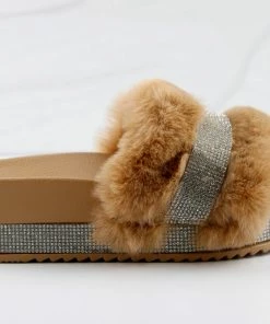 Bamboo Nighttime 02 Womens One Band Platform Fur Slides With Rhinestone Embellishment