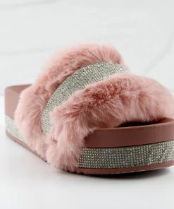 Bamboo Nighttime 02 Womens One Band Platform Fur Slides With Rhinestone Embellishment