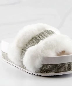 Bamboo Nighttime 02 Womens One Band Platform Fur Slides With Rhinestone Embellishment