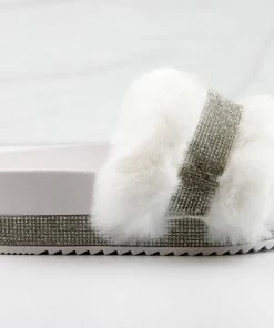 Bamboo Nighttime 02 Womens One Band Platform Fur Slides With Rhinestone Embellishment