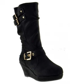 SBW Shoes Girl's Maden 4K Girls Triple Buckle Accent Slouchy Wedge Boot