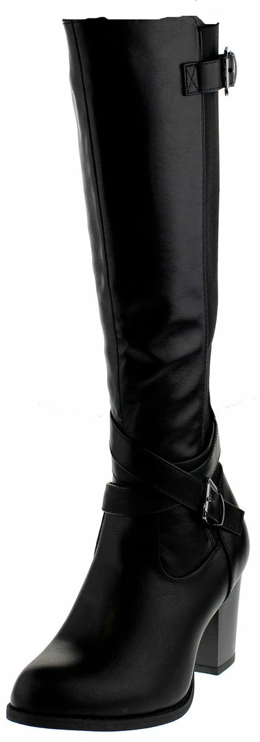Top Moda Storm 1 Womens Knee High Double Buckle Accent Almond Toe Block Heel Riding Boots 7 Top Moda Storm 1 Womens Knee High Double Buckle Accent Almond Toe Block Heel Riding Boots